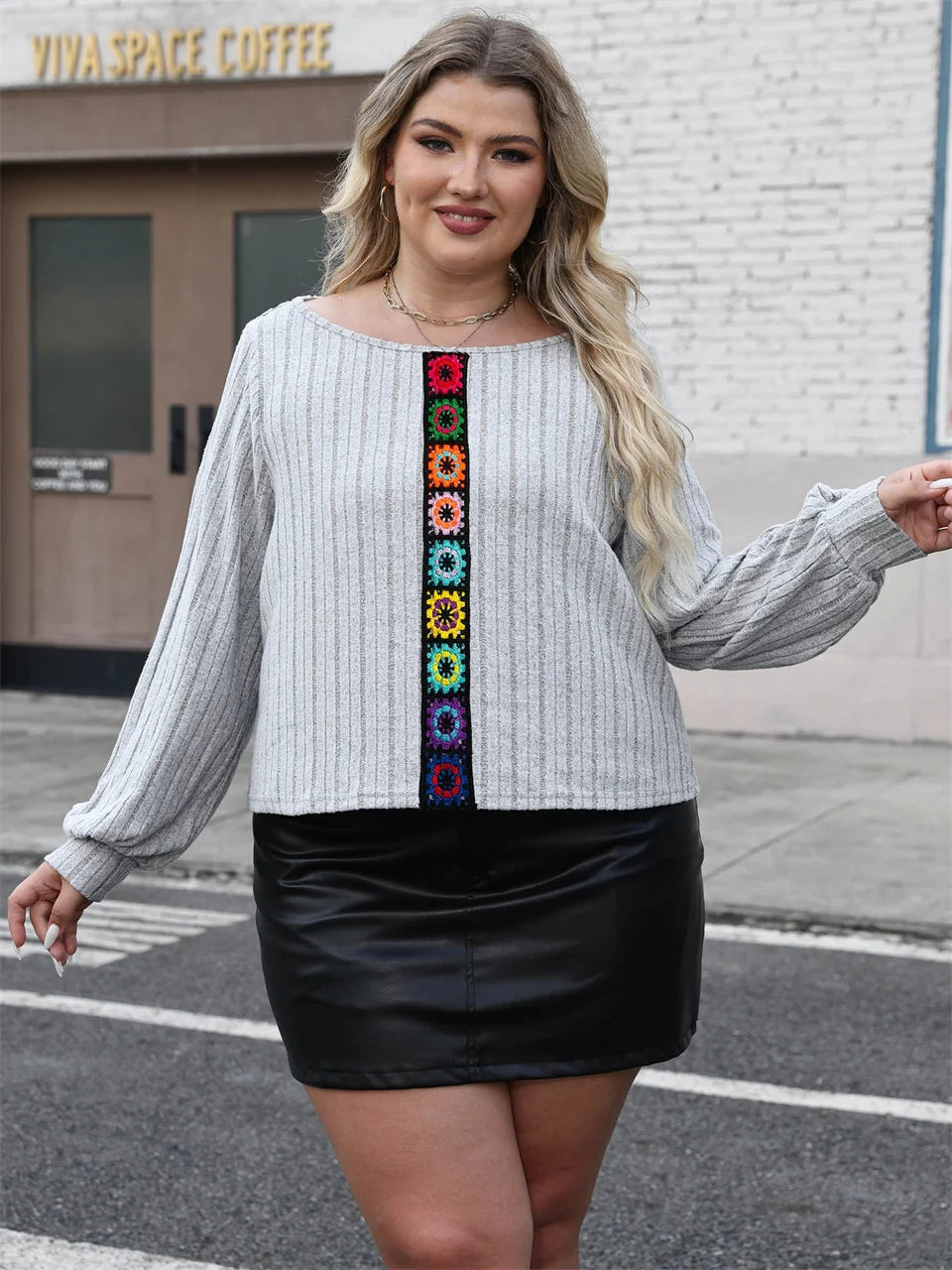 Embroidered-Panel Ribbed Long-Sleeve Top