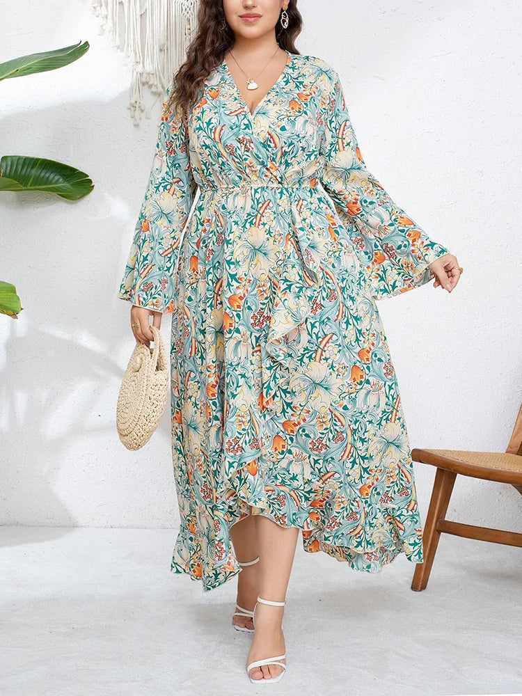 Botanical Ruffle-Hem Wrap Maxi Dress