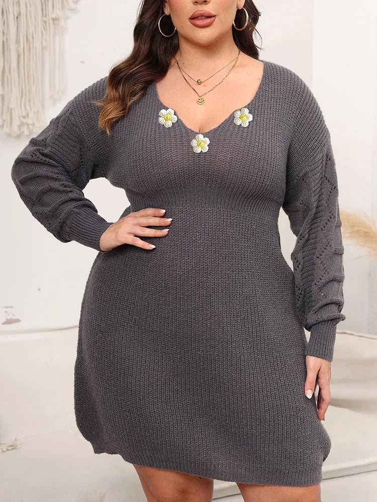 Floral-Appliqué V-Neck Sweater Dress