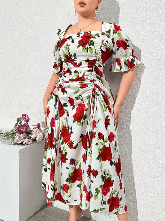 Rose-Print Square-Neck Maxi Dress