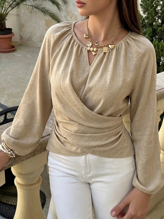 Ruched Wrap Balloon-Sleeve Blouse