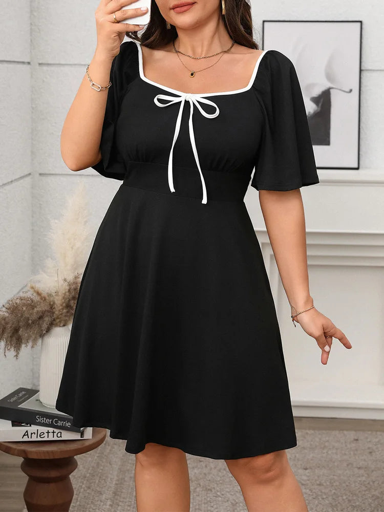 Bow-Trim Square-Neck Mini Dress