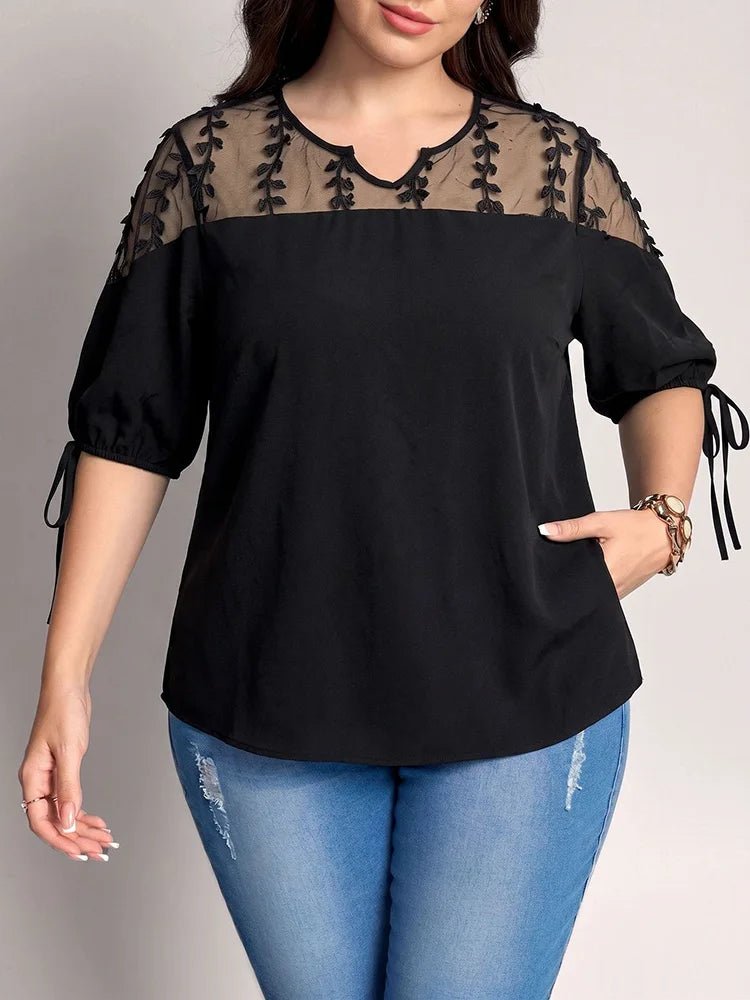 Mesh-Embroidered Yoke Tie-Sleeve Blouse