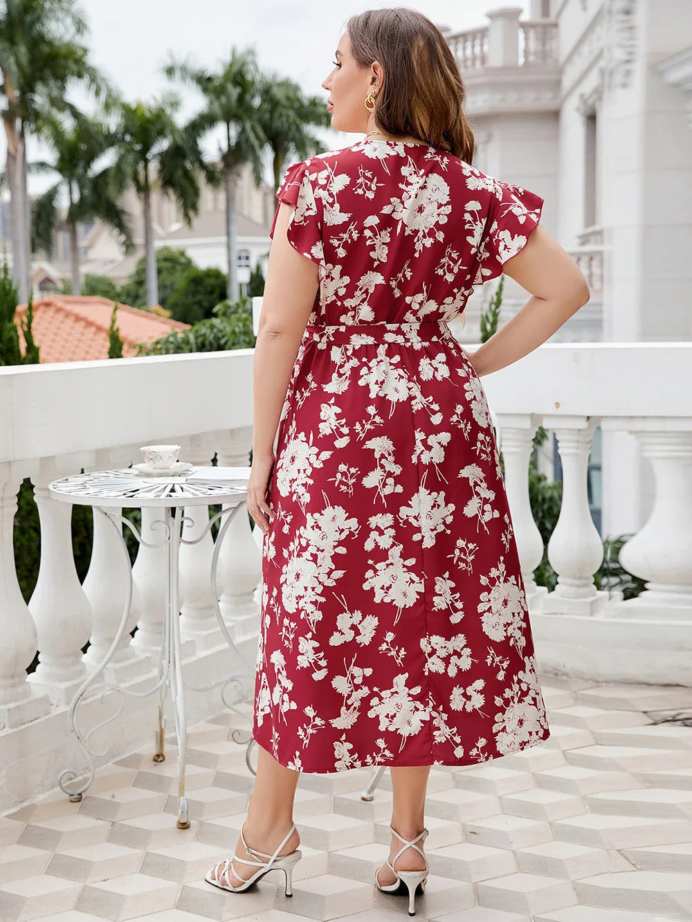 Burgundy Floral Wrap Midi Dress