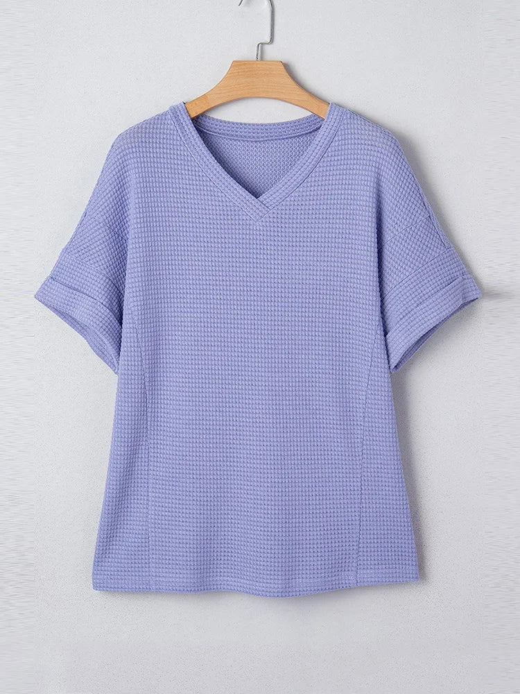 Waffle-Knit V-Neck Relaxed Top