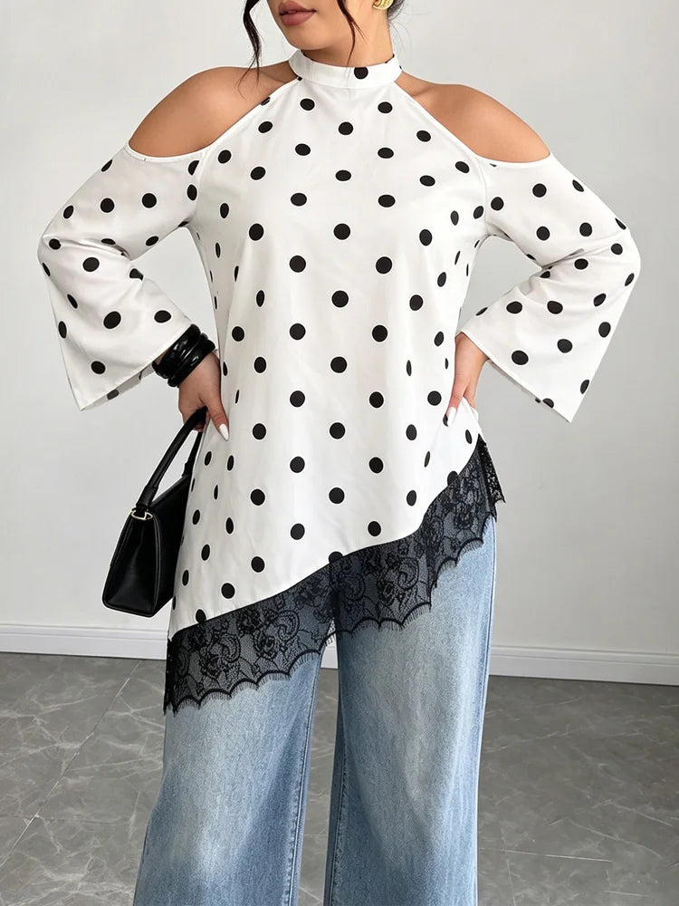Polka-Dot Cold-Shoulder Lace Blouse