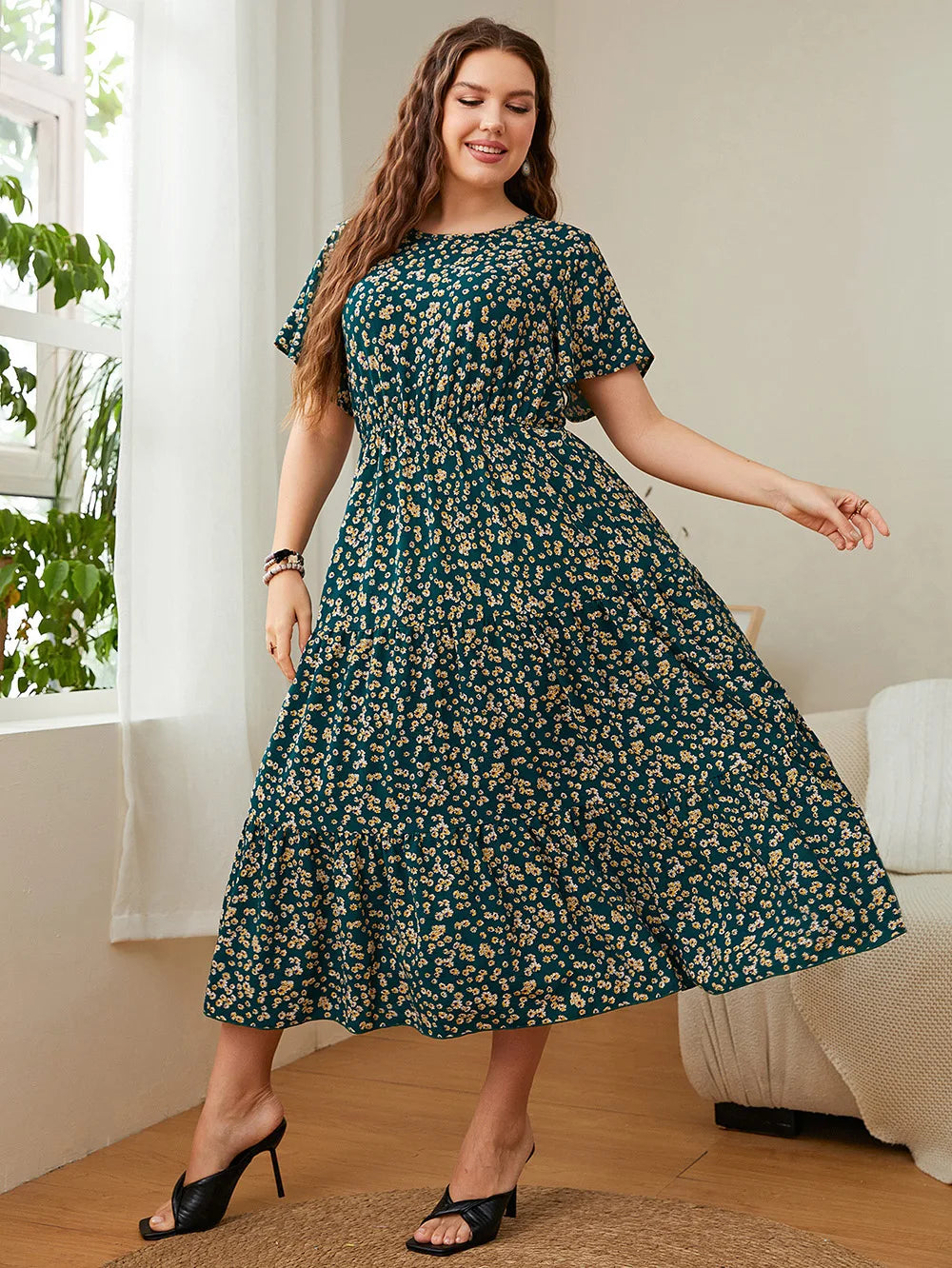 Ditsy-Floral Gathered Maxi Dress