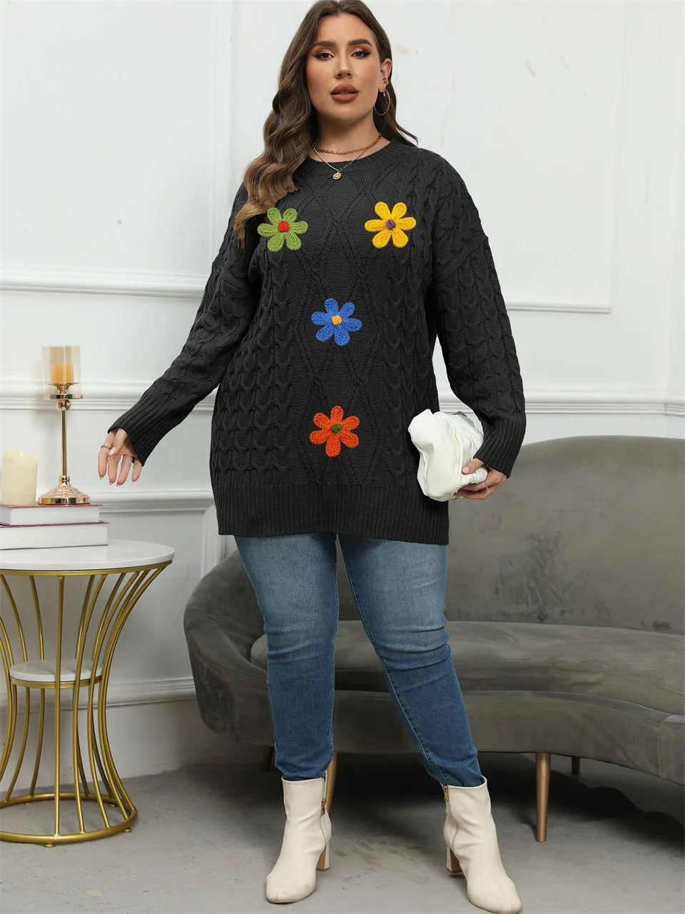 Floral-Appliqué Off-Shoulder Sweater