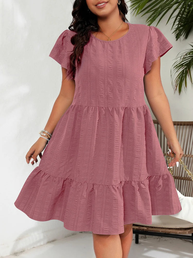 Textured Flutter-Sleeve Tiered Dress