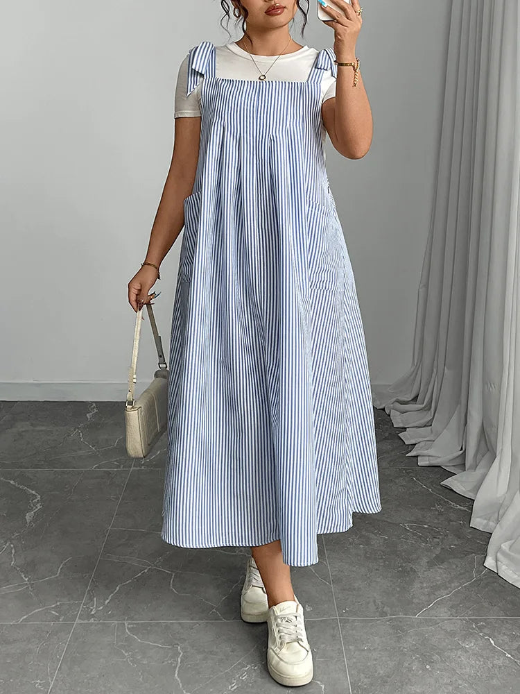 Tie-Shoulder Pocketed Pinafore Maxi Dress