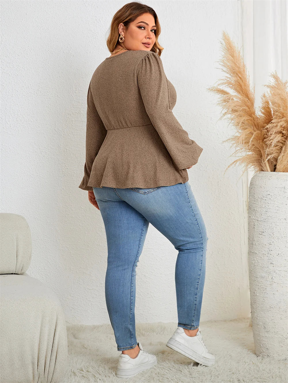 Twist-Front Bell-Sleeve Peplum Top