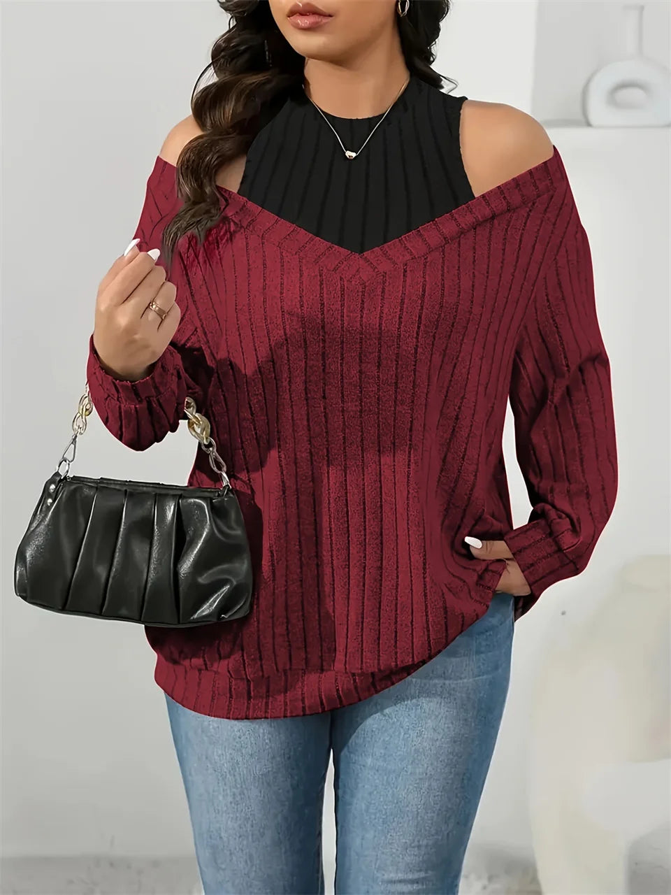 Layered Cold-Shoulder Ribbed Top