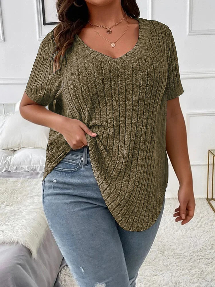 Ribbed V-Neck Short-Sleeve Top