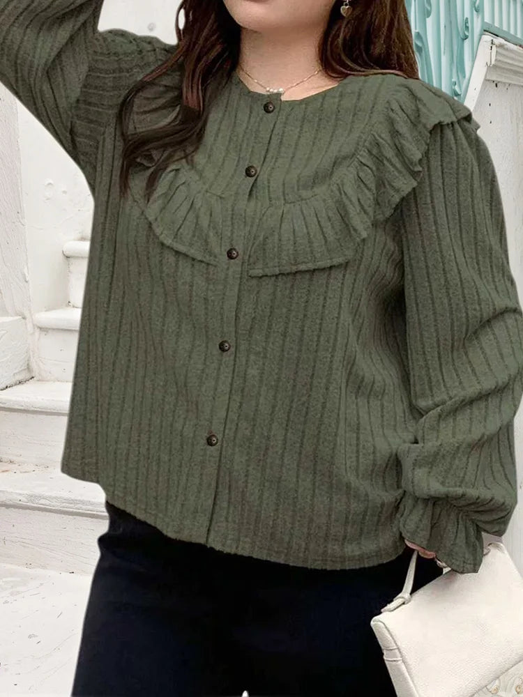 Ruffle-Yoke Ribbed Button-Front Top