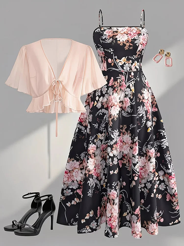 Floral Cami Dress & Tie-Front Cardigan Set
