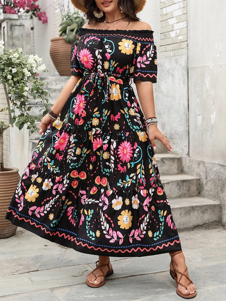Folk-Floral Off-Shoulder Maxi Dress