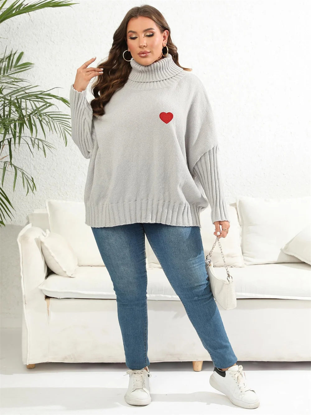 Heart-Appliqué Ribbed-Sleeve Turtleneck Sweater