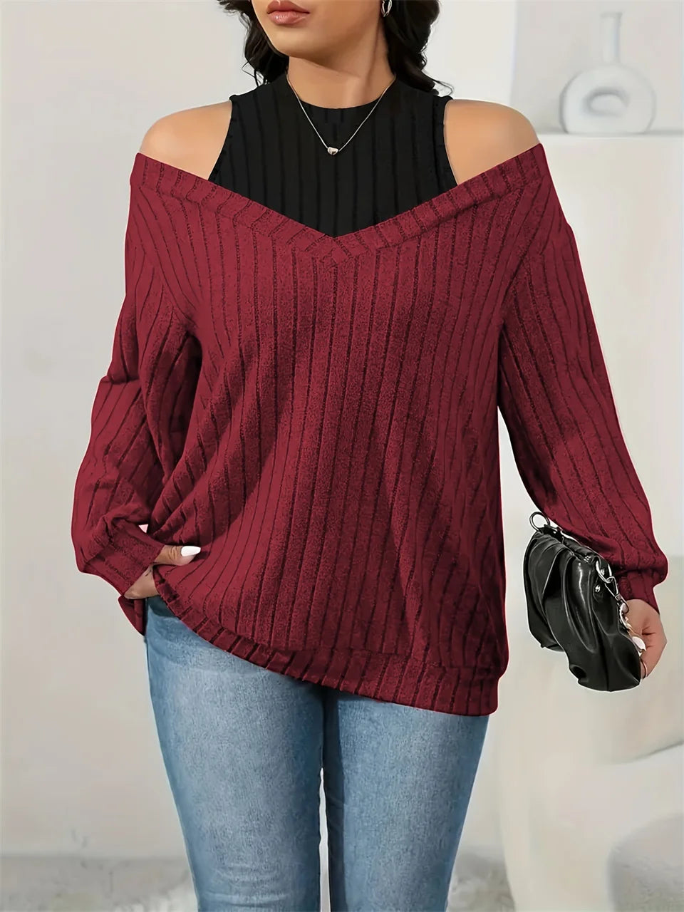 Layered Cold-Shoulder Ribbed Top