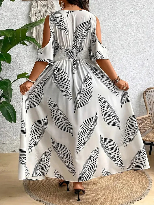 Leaf-Print Cold-Shoulder Maxi Dress