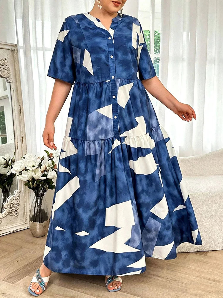 Abstract Button-Front Tiered Maxi Dress