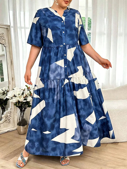 Abstract Button-Front Tiered Maxi Dress