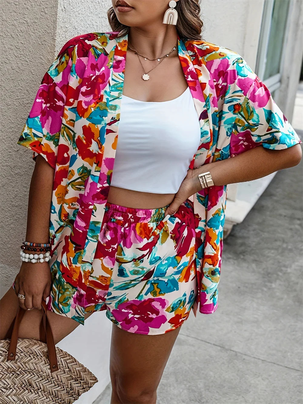 Watercolor-Floral Shirt & Shorts Set