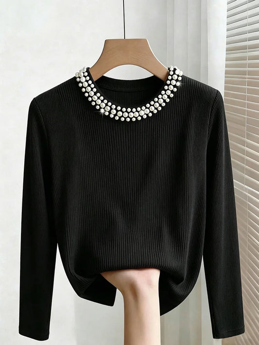 Pearl-Collar Ribbed Long-Sleeve Top