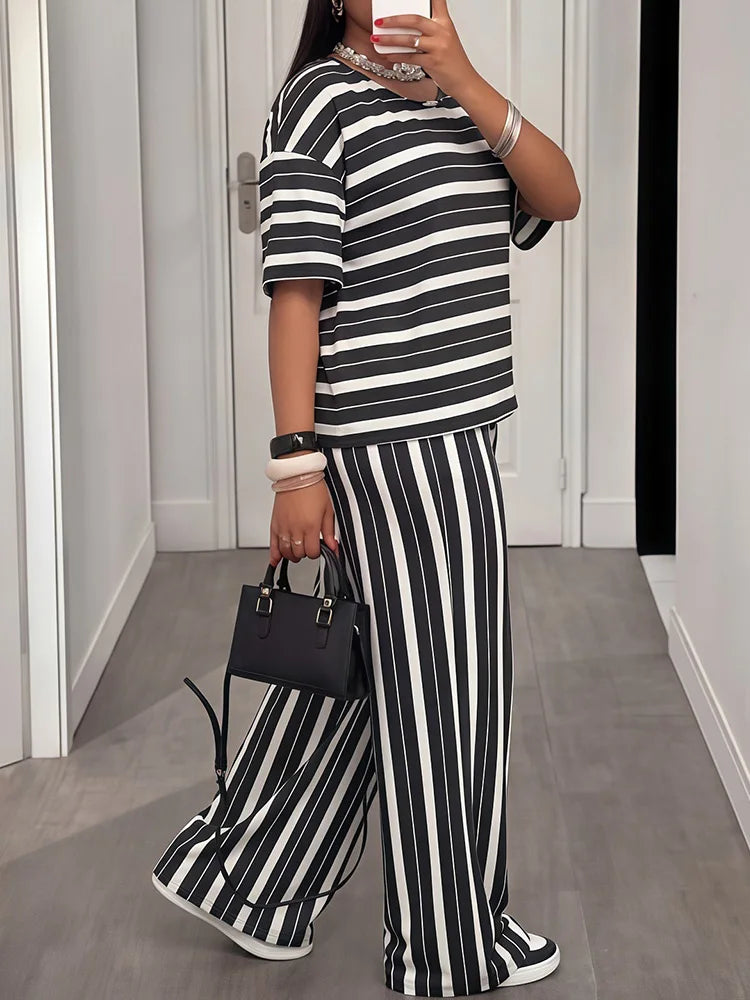 Striped Tee & Wide-Leg Pants Set