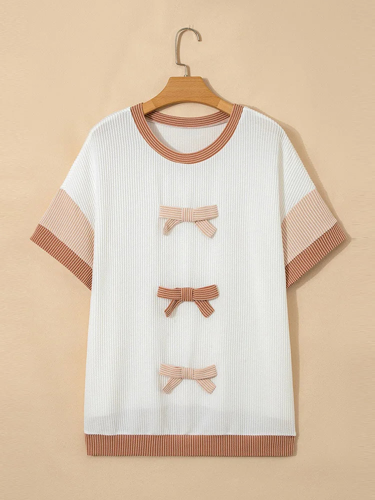 Triple-Bow Contrast-Trim Textured Top