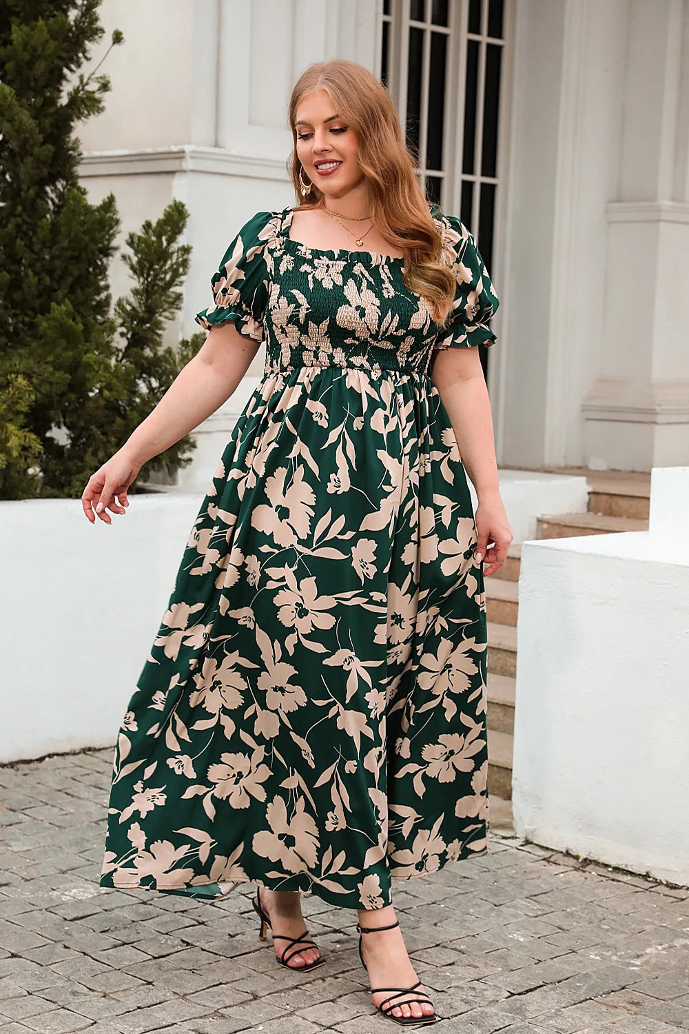 Floral Smocked-Bodice Green Maxi Dress