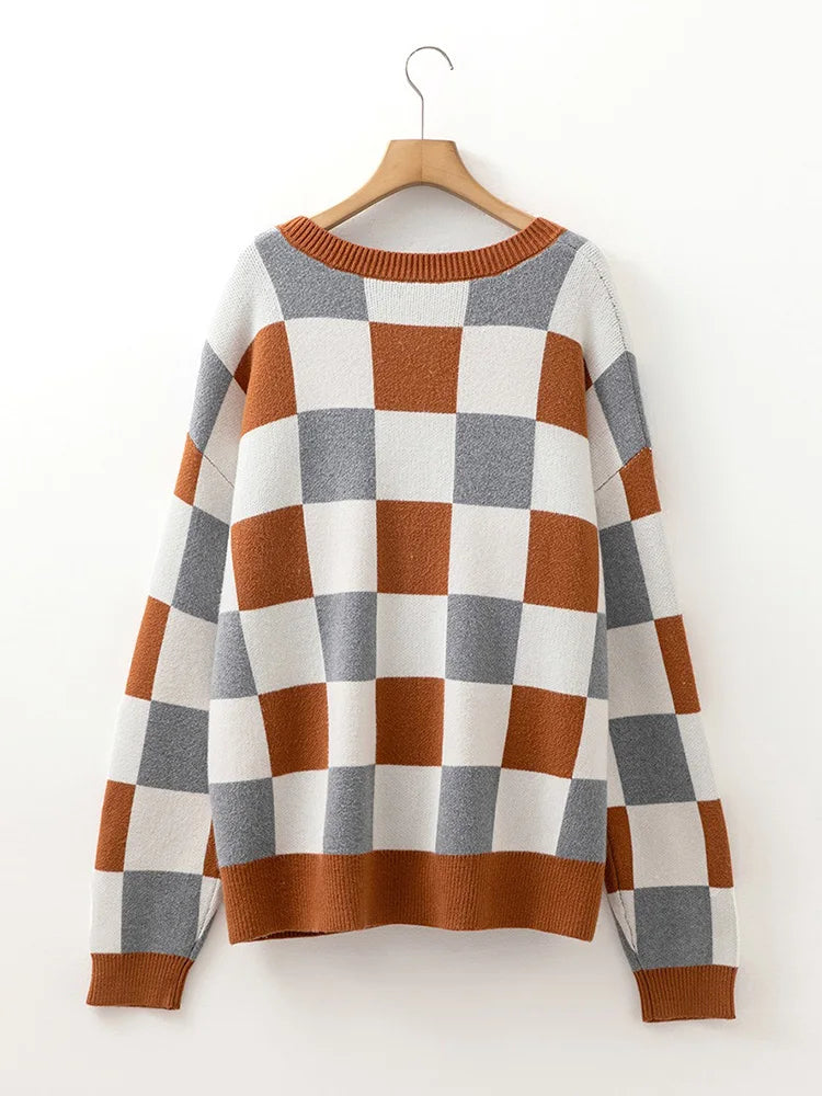 Colorblock Check Crew-Neck Sweater