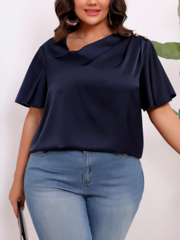 Draped-Neck Flutter-Sleeve Blouse