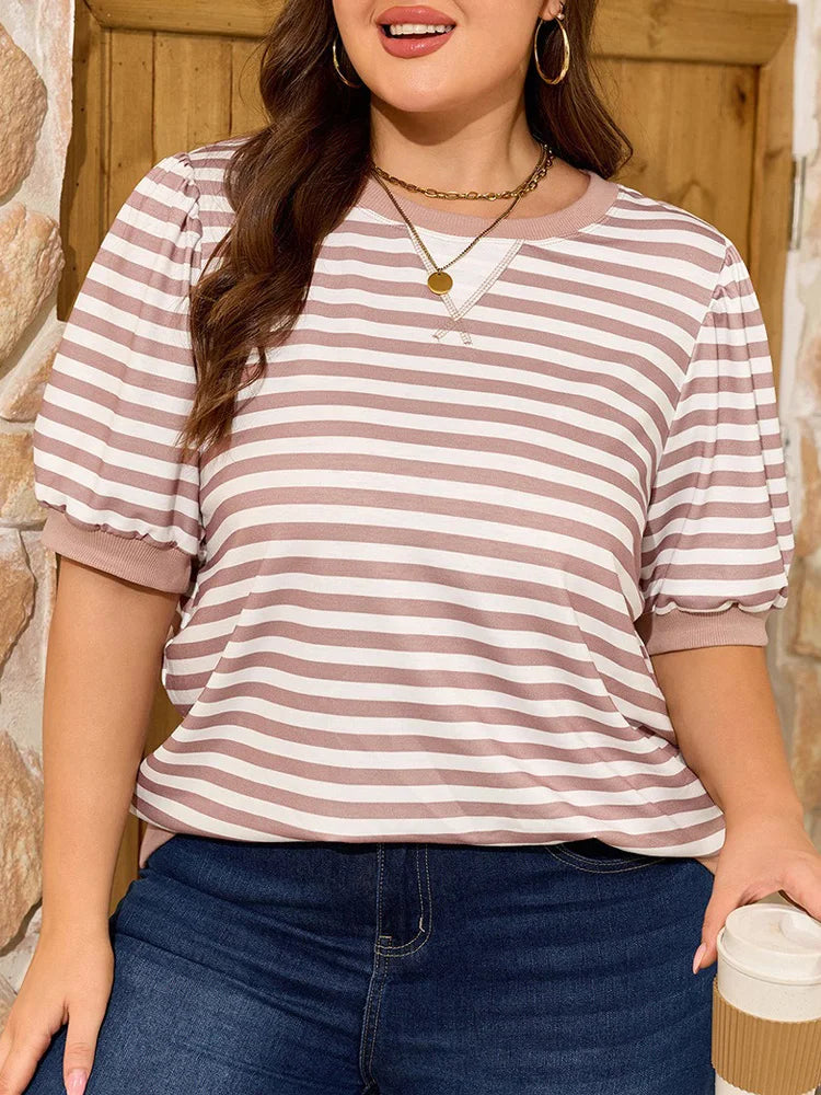 Striped Puff-Sleeve Crew-Neck Top