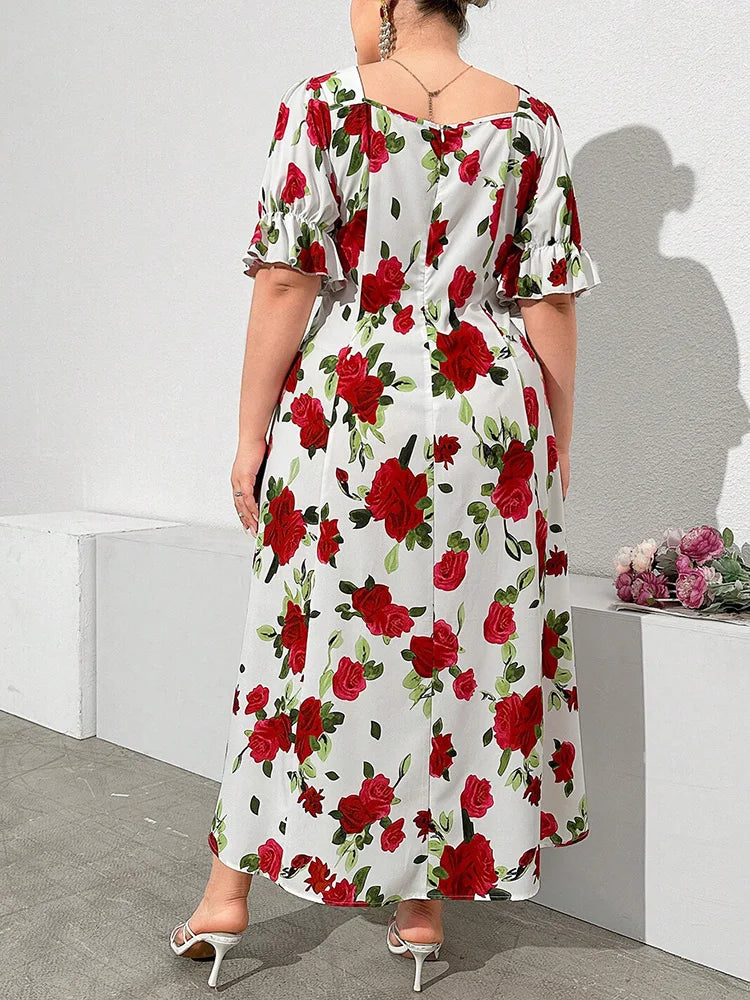 Rose-Print Square-Neck Maxi Dress