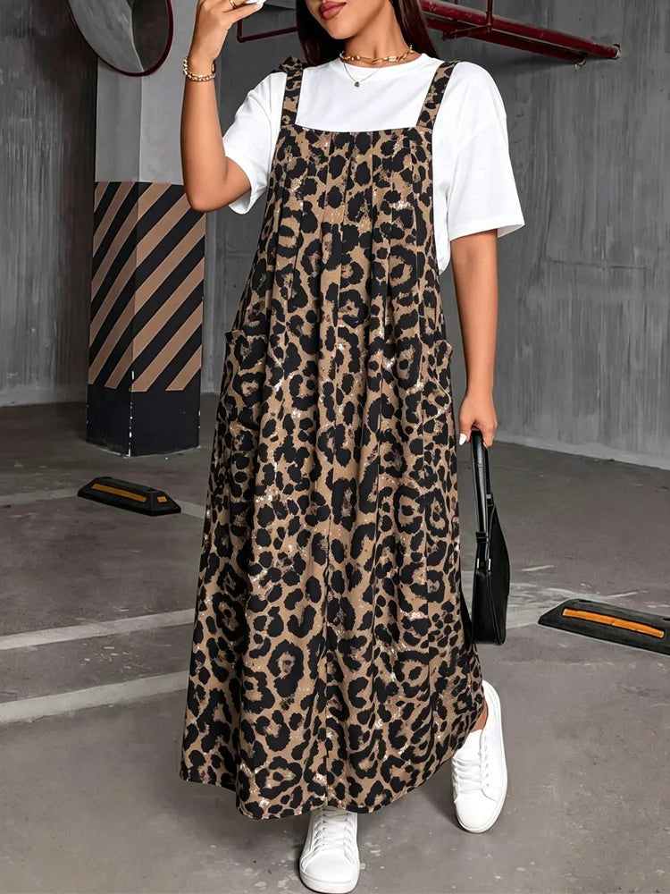Leopard Pocketed Pinafore Maxi Dress