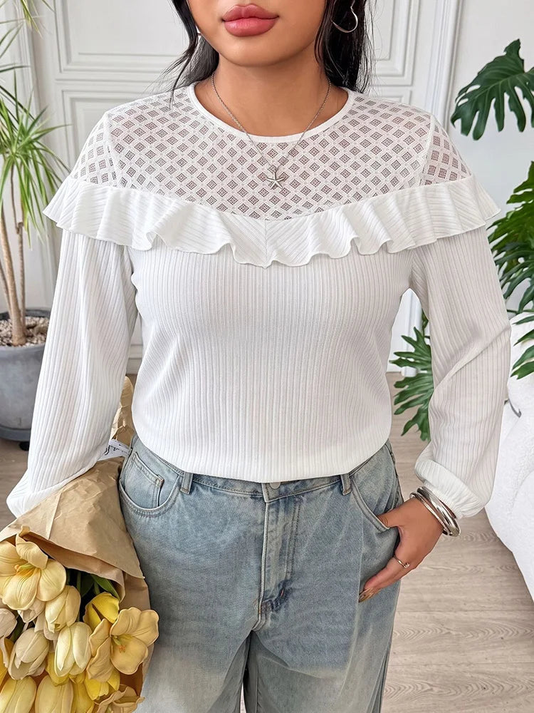 Mesh-Yoke Ruffle Ribbed Top