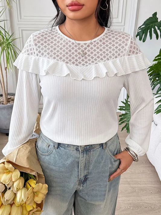 Mesh-Yoke Ruffle Ribbed Top