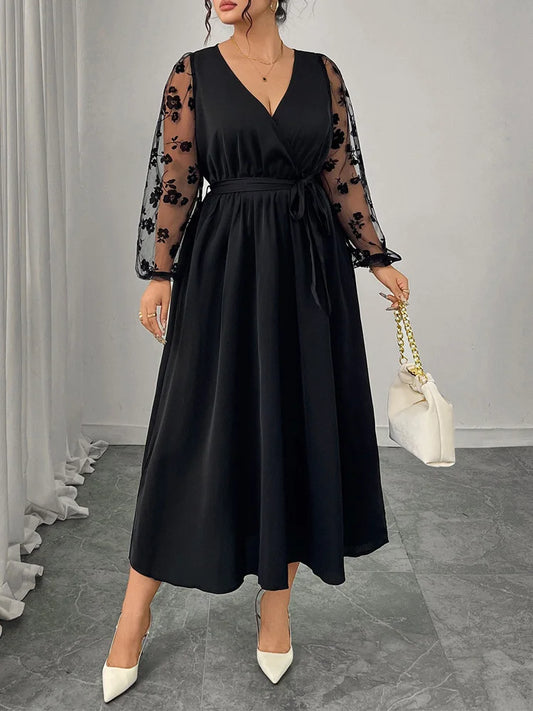Floral-Mesh Sleeve Wrap Maxi Dress