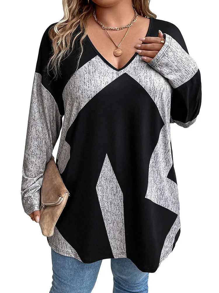 Geometric Colorblock V-Neck Tunic