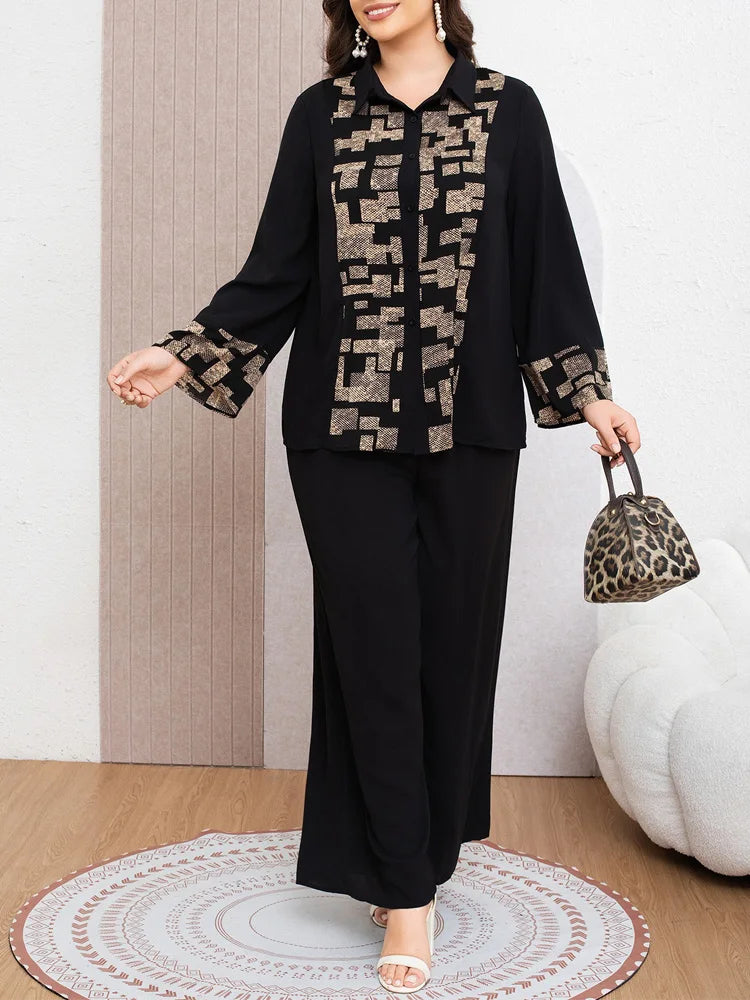 Geometric-Panel Shirt & Wide-Leg Pants Set