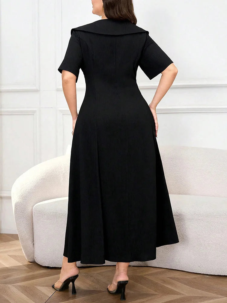 Asymmetric-Collar Double-Breasted Maxi Dress
