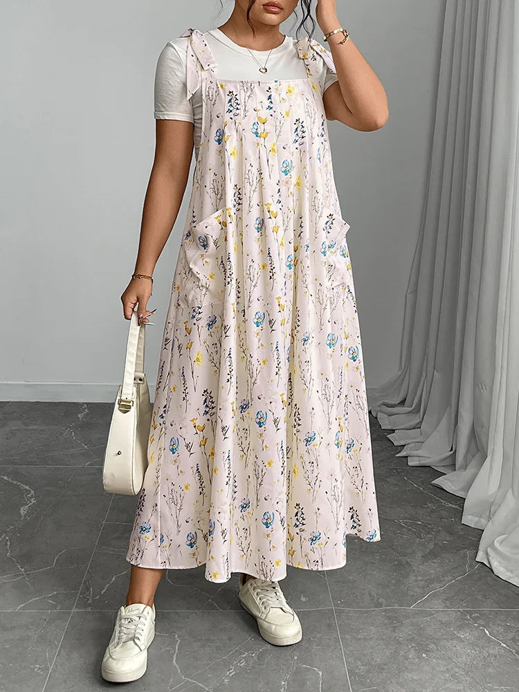 Tie-Shoulder Pocketed Pinafore Maxi Dress