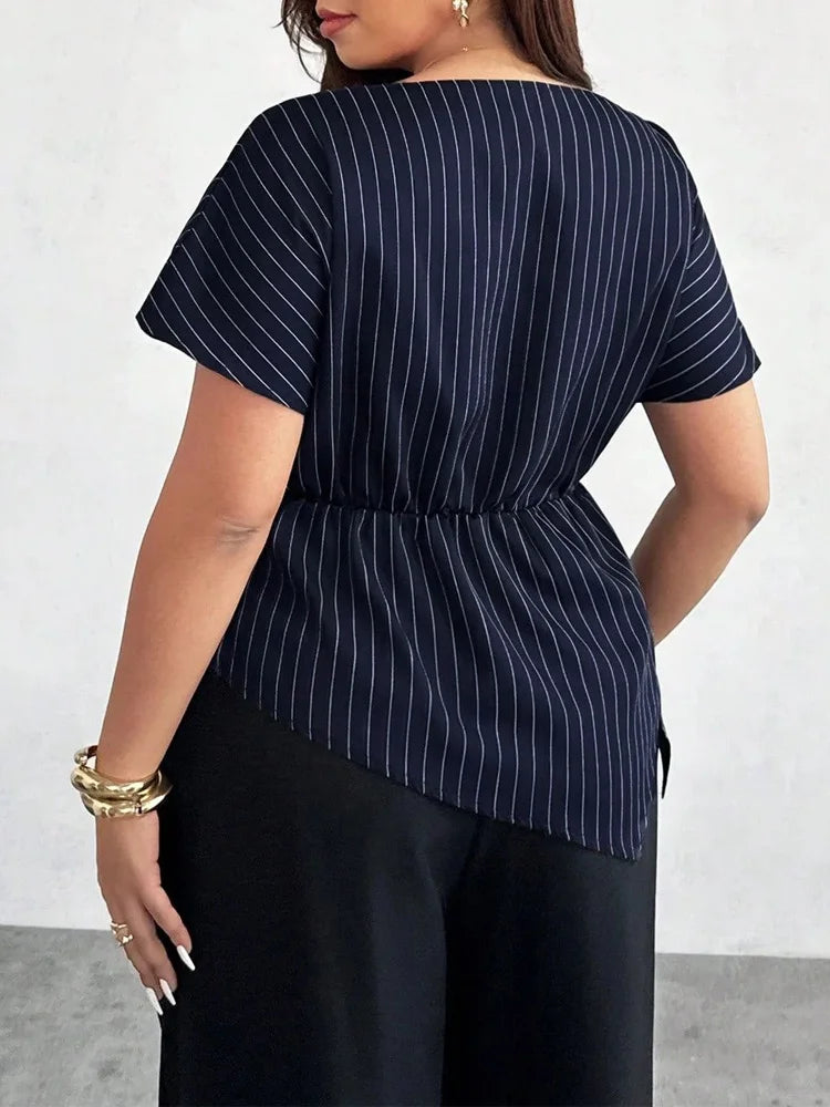 Pinstripe Asymmetric-Hem Blouse