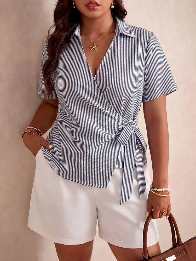 Pinstripe Wrap-Tie Collared Blouse