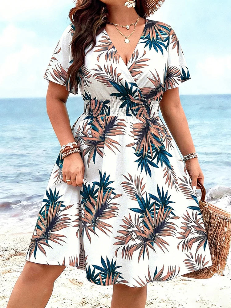 Tropical Smocked-Waist Midi Dress