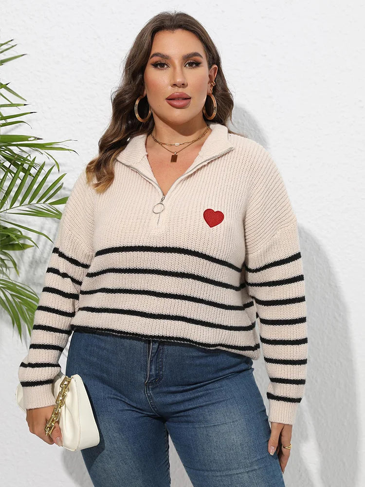 Heart-Appliqué Half-Zip Striped Sweater