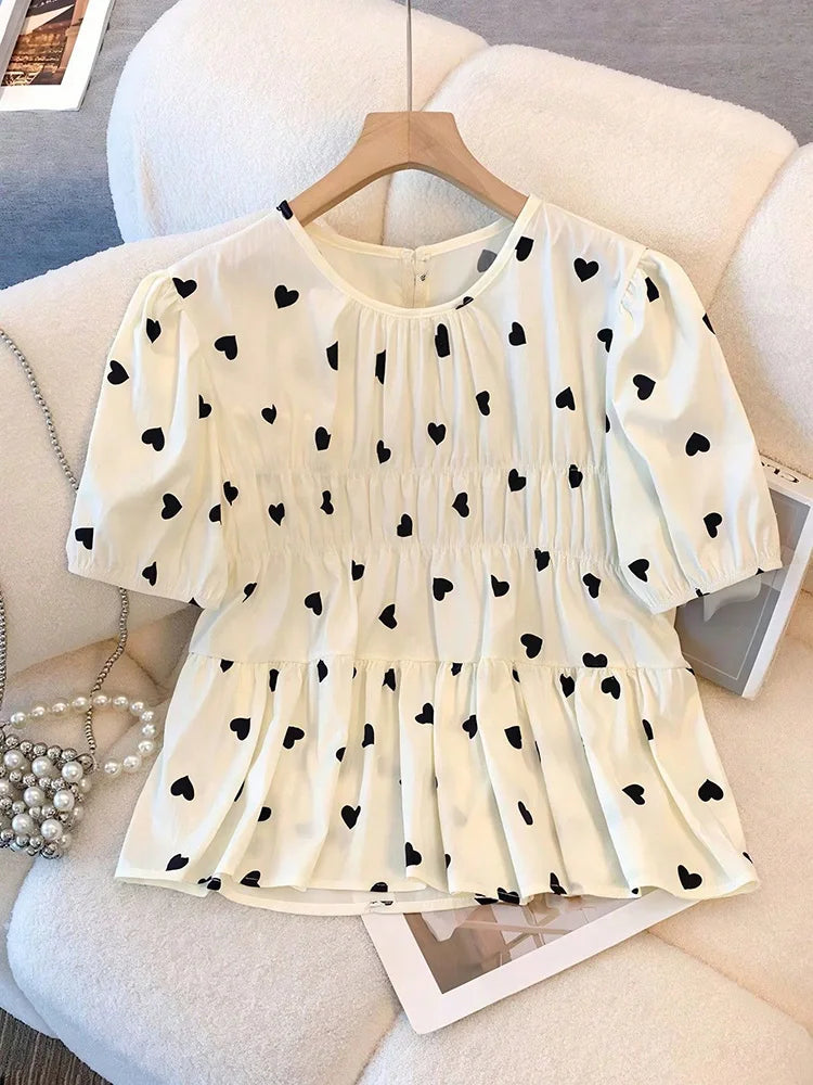 Heart-Print Puff-Sleeve Babydoll Blouse