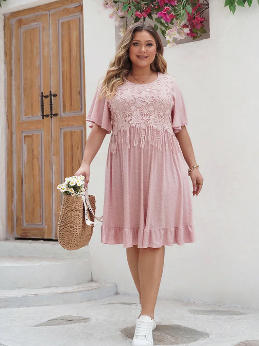 Lace-Trim Flutter-Sleeve Maxi Dress