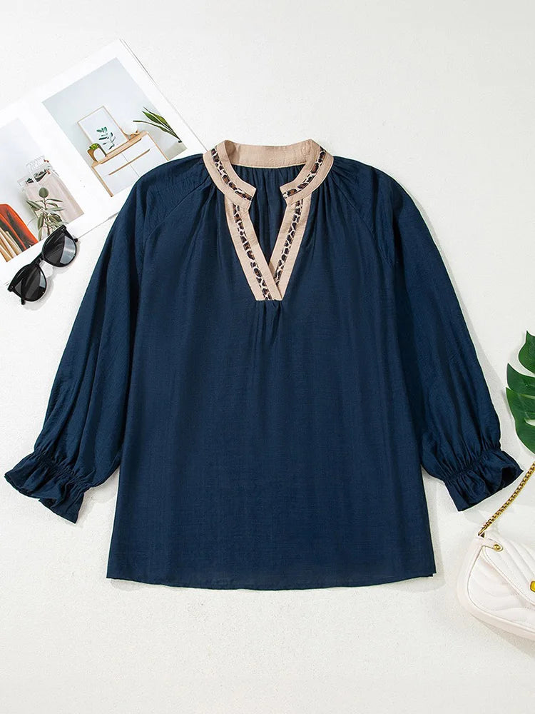 Contrast-Trim Split-Neck Blouse