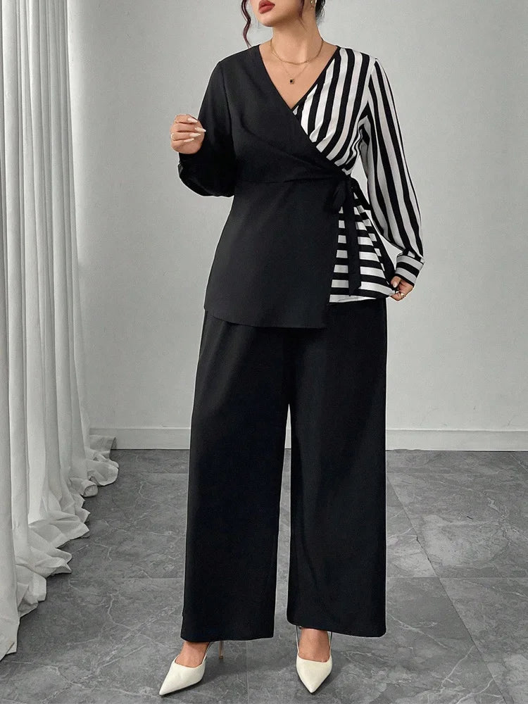 Striped Wrap Top & Wide-Leg Pants Set